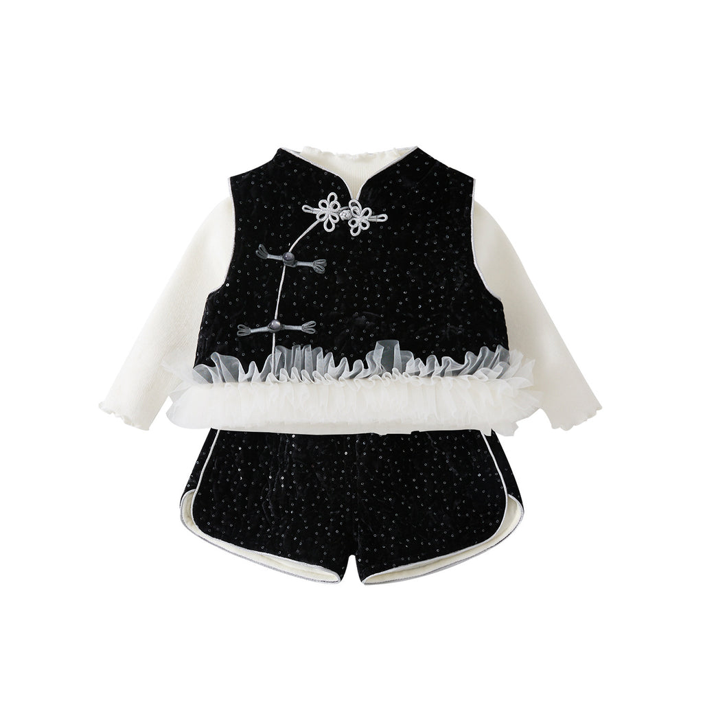 Outfit for Baby Girls, Fleece-Lined Thickened Vest and Shorts Set, Three-Piece Bottoms Set