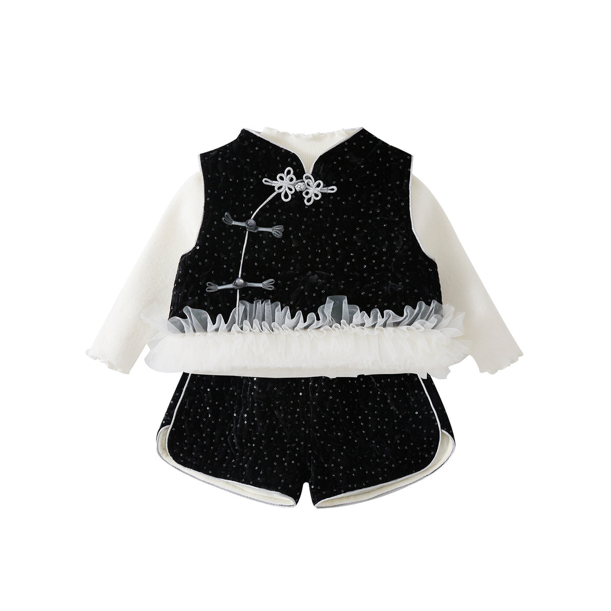 Outfit for Baby Girls, Fleece-Lined Thickened Vest and Shorts Set, Three-Piece Bottoms Set