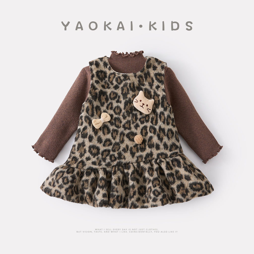 Leopard Print Dress Set for Baby Girls, Warm Sweater and Dress Two-Piece Outfit