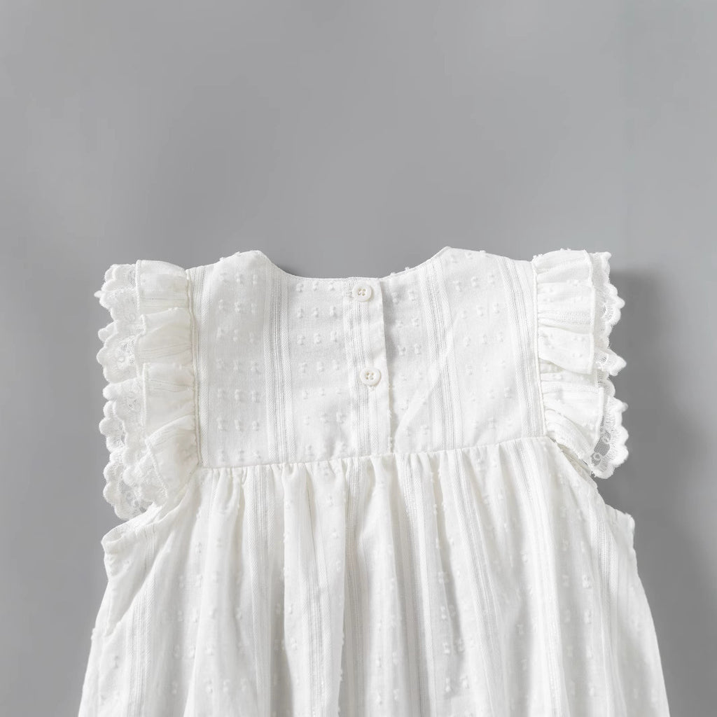 Baby Girl's Sleeveless Romper with Fly Edge, Square Neck, White Sweet One-Piece Clothing