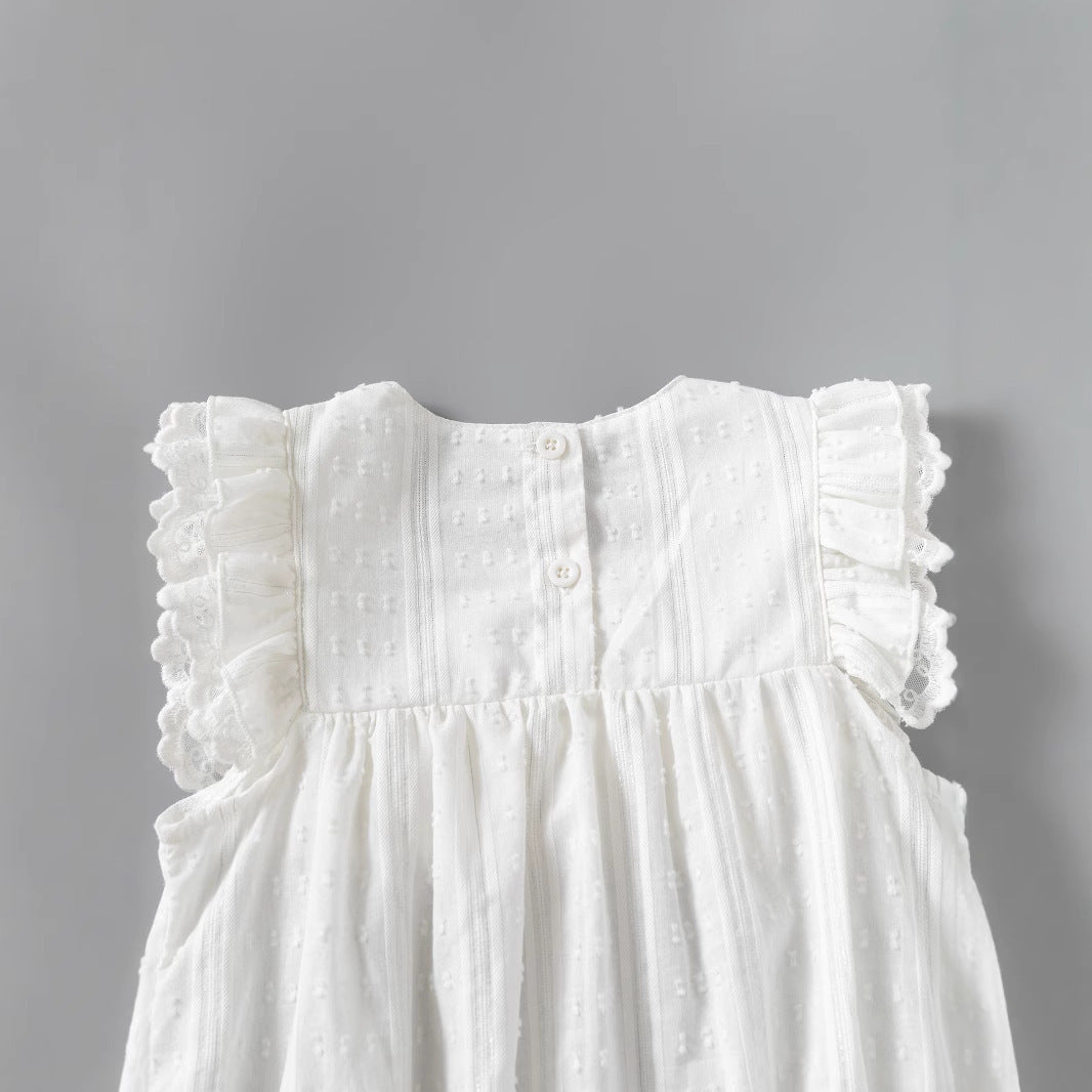Baby Girl's Sleeveless Romper with Fly Edge, Square Neck, White Sweet One-Piece Clothing