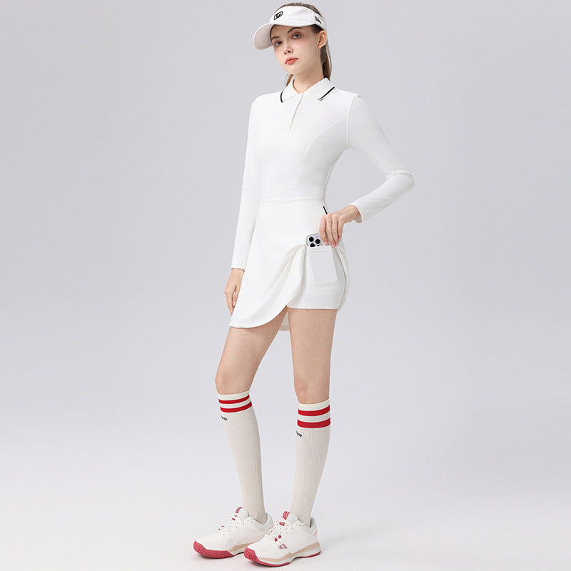 Long Sleeve Fitted Polo Neck Tennis Dress, Elegant Minimalist Badminton Sport Series Long Dress for Women