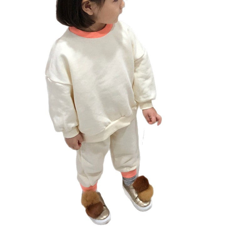 Smiling face contrasting collar fleece hoodie casual two-piece set
