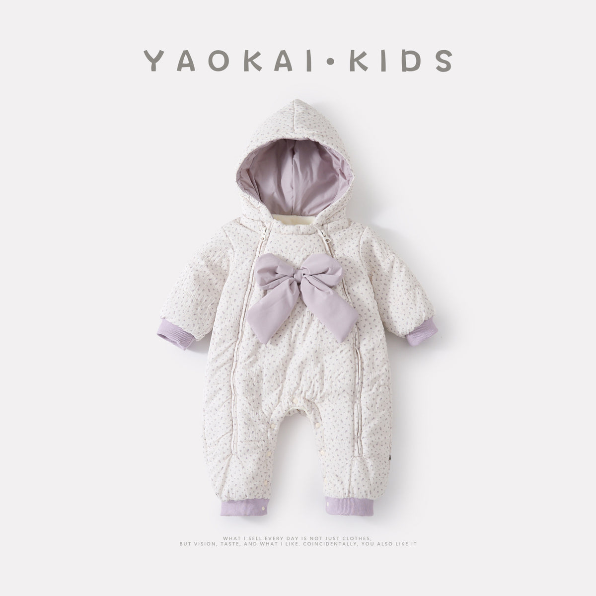 Padded Romper with Bowknot, Floral Print, Thickened Fleece Lined Full Zip Closure