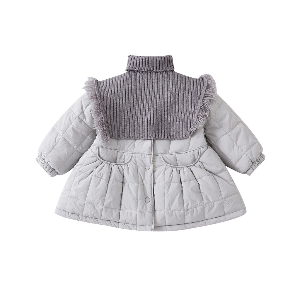 Long Cotton Coat with Removable Shoulder Shawl for Baby Girls, Quilted Fleece Lined, Warm Outerwear