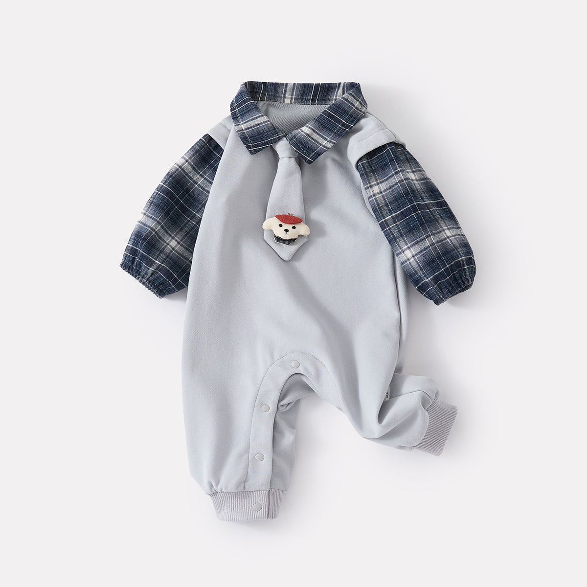 Long Sleeve Romper with Fake Two-Piece Design, Plaid Patchwork