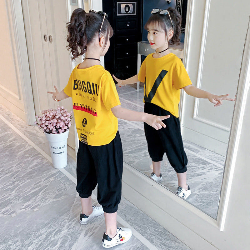 girls' short-sleeve set, casual T-shirt, children's sport two-piece set, medium to large size