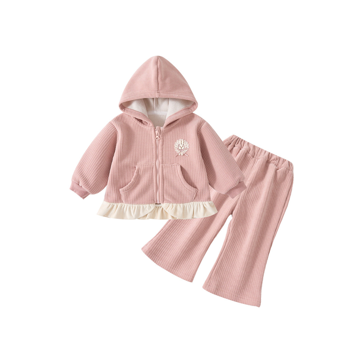 Hooded Sweatshirt and Pants Set for Baby Girls, Fleece Lined, Two-Piece Outfit