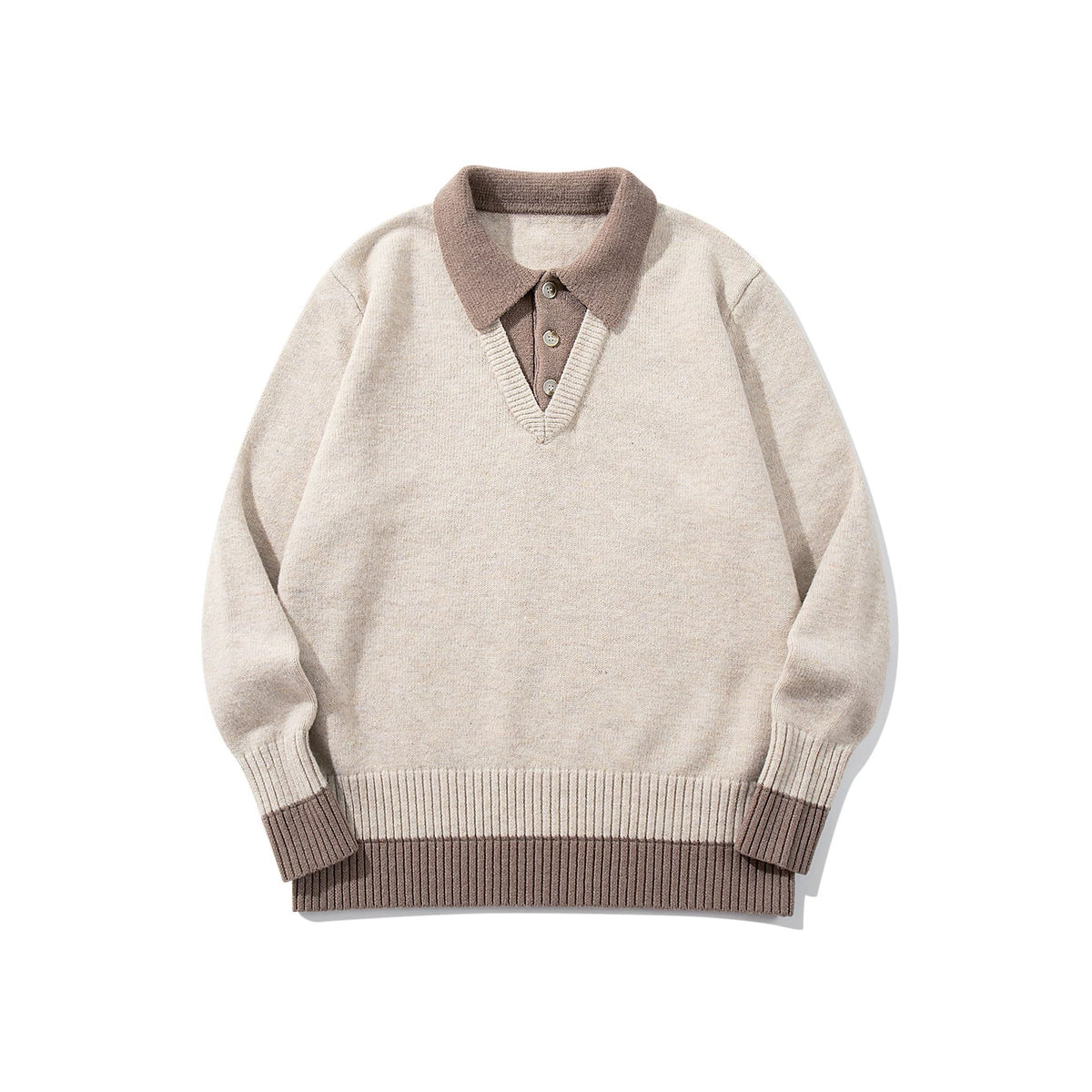 Color-Blocked Mock Two-Piece Knit Sweater with Turn-Down Collar, Unisex Casual Versatile Pullover