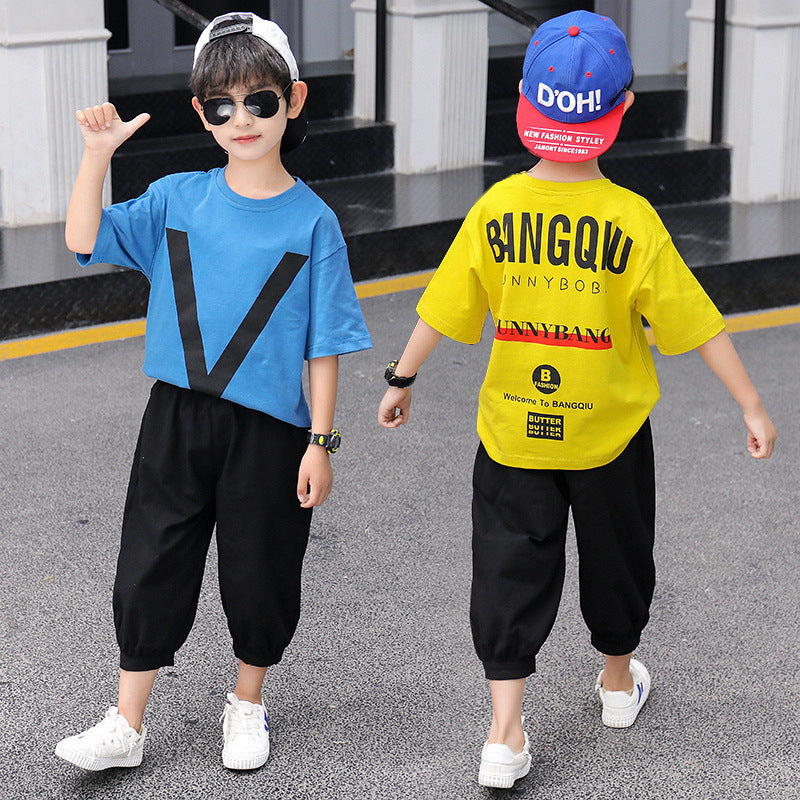 Children's Short Sleeve Set, Cool Boys' Casual T-Shirt, Medium to Large Kids' Sporty Two-Piece