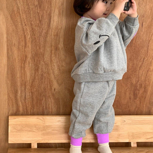 Smiling face contrasting collar fleece hoodie casual two-piece set