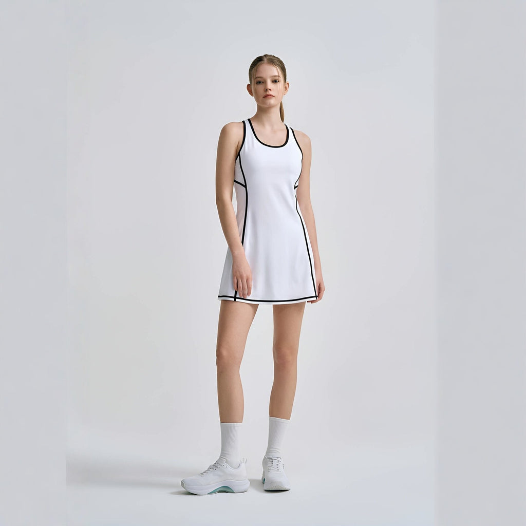 Sporty Stripe Sleeveless A-Line Dress with Built-in Shorts for Fitness, Badminton, Tennis