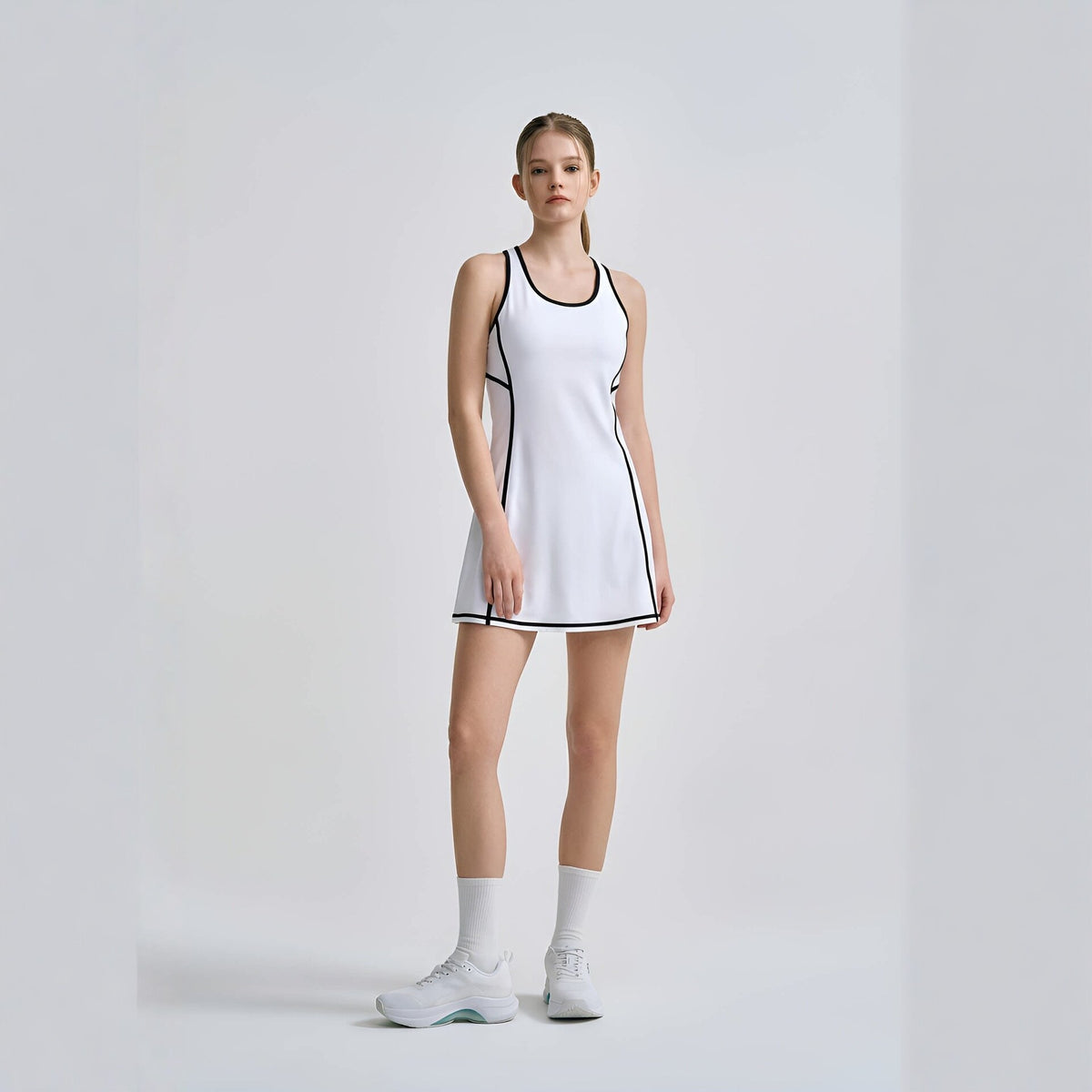 Sporty Stripe Sleeveless A-Line Dress with Built-in Shorts for Fitness, Badminton, Tennis