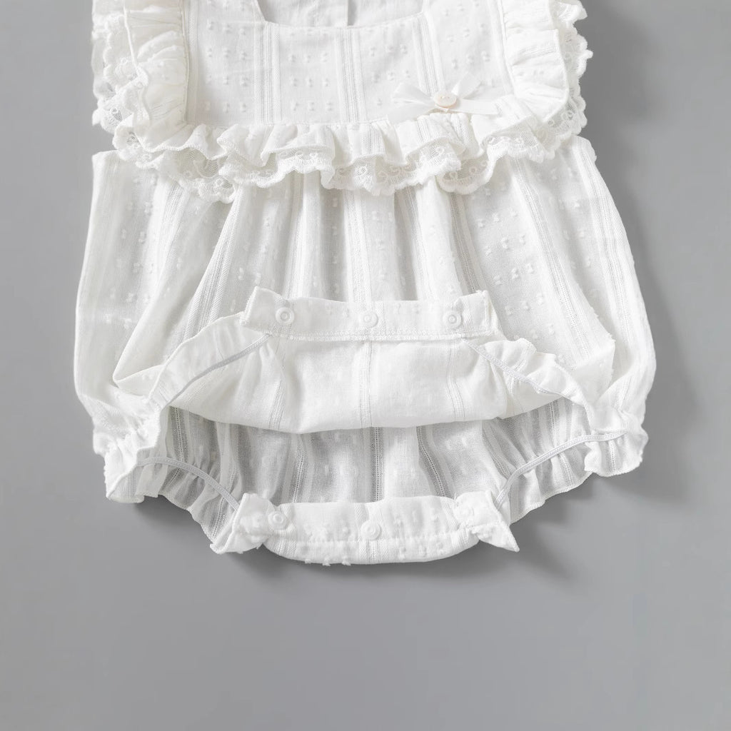 Baby Girl's Sleeveless Romper with Fly Edge, Square Neck, White Sweet One-Piece Clothing