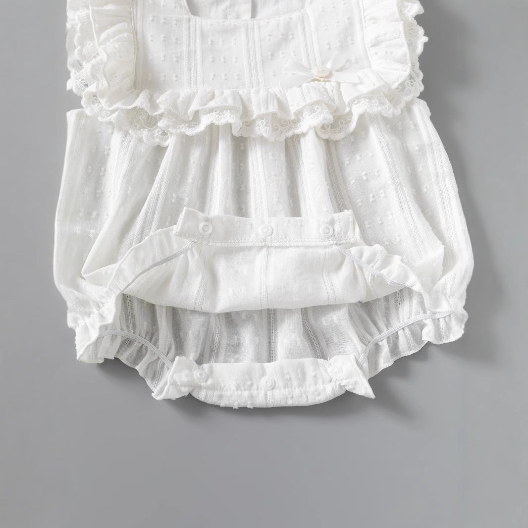 Baby Girl's Sleeveless Romper with Fly Edge, Square Neck, White Sweet One-Piece Clothing