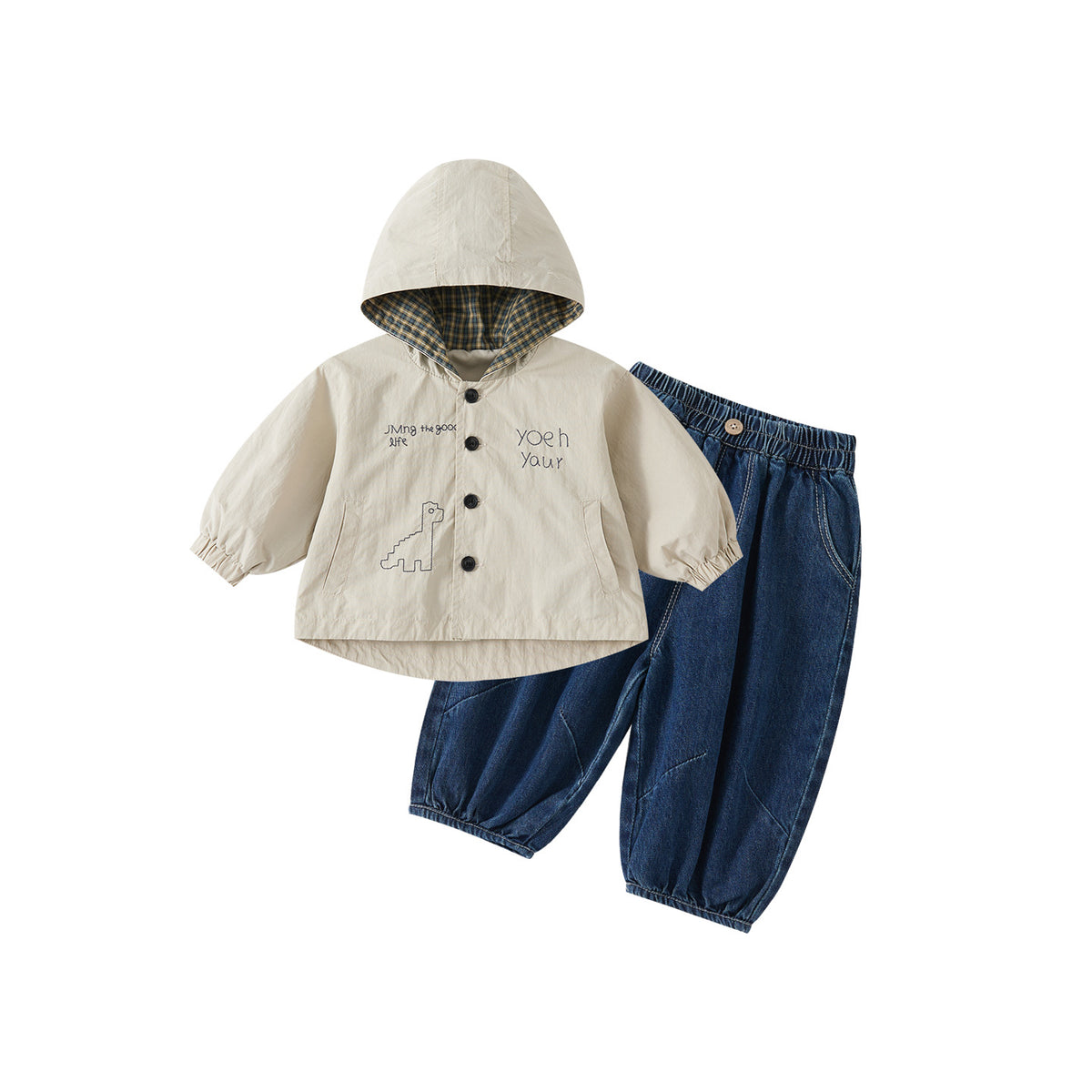 Color-block Hooded Outfit Set for Boys, Two-piece Suit with Cardigan and Jeans