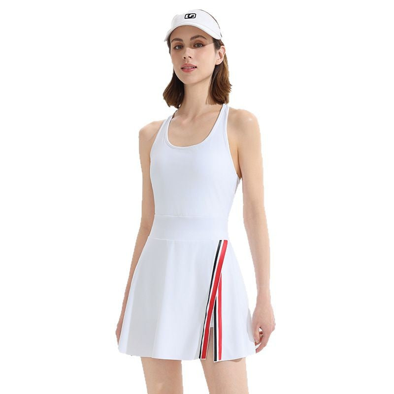 New Vintage American Tennis Badminton Sports Jumpsuit with Padded Bra, Sleeveless Outdoor Activewear Skirt with Built-in Underlayer