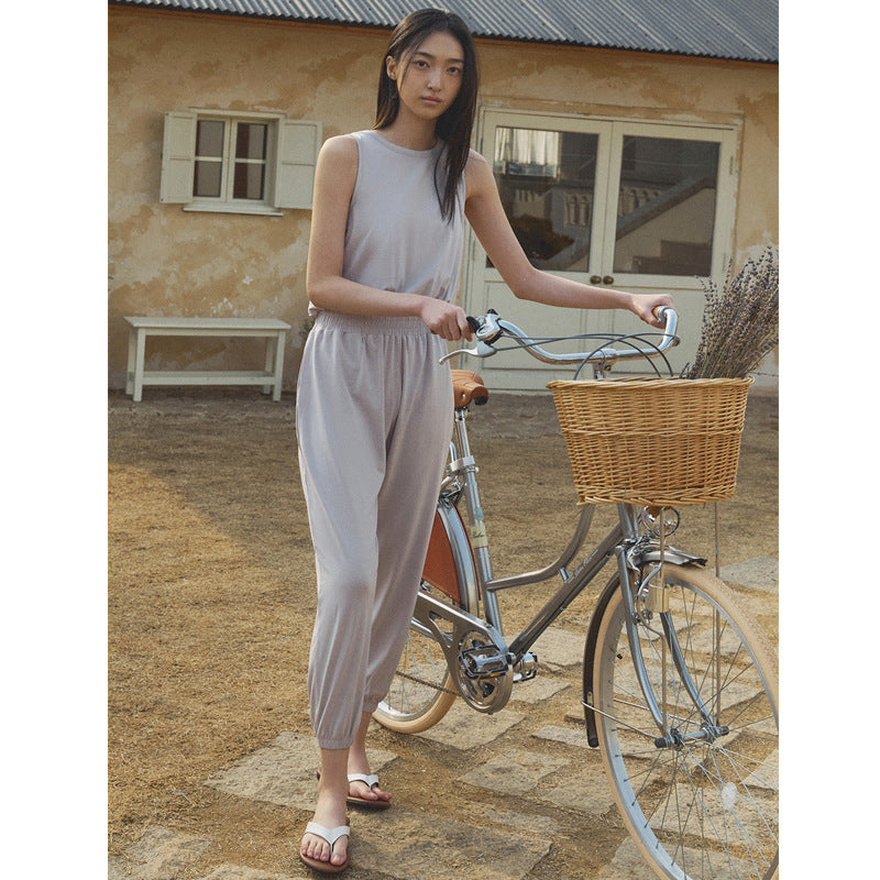Cotton Moisture-Wicking Yoga Jumpsuit with Back Split, Tank Top and Long Pants, Relaxed Fit One-Piece Activewear Set