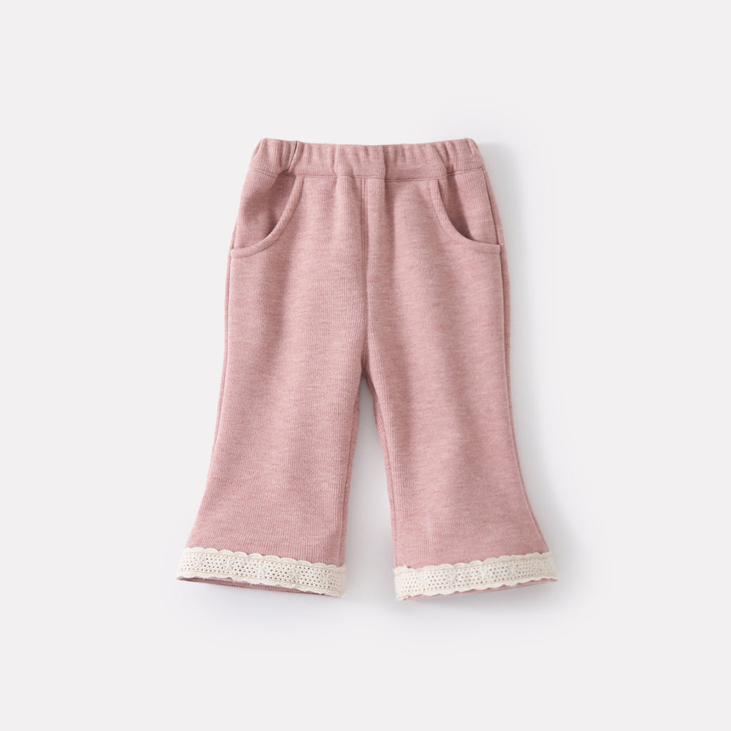 Flared Pants with Lace Trim, Fleece-Lined Thickened Solid Color Patchwork