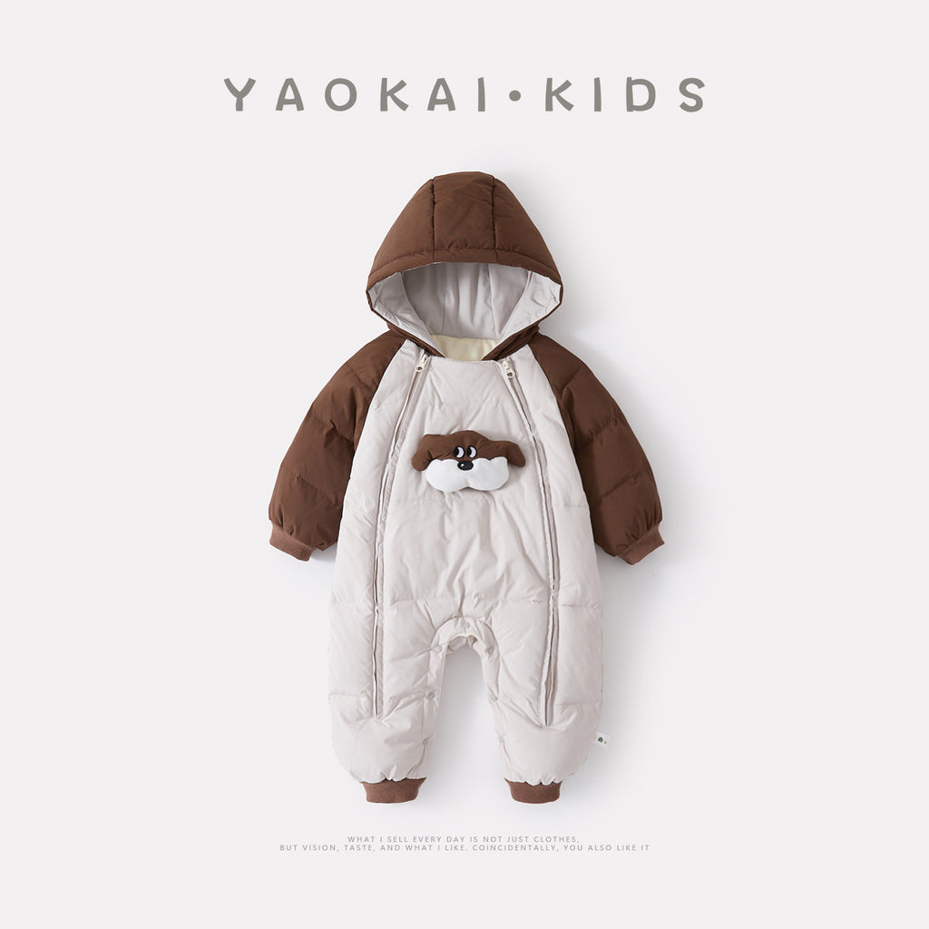 Lined Hooded Overall for Babies, Color-block Cartoon Warm Long Romper for Infants