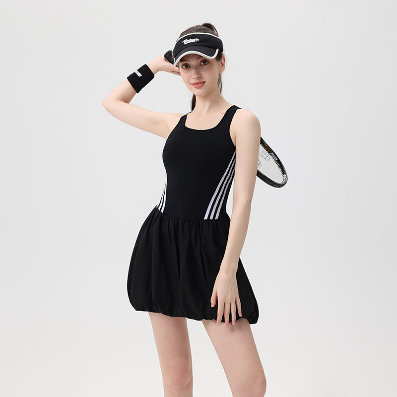 New Sports One-Piece with Padded Striped Tennis Dress, Fashion Outdoor Yoga Tank Top, Bubble Sports Skirt for Women