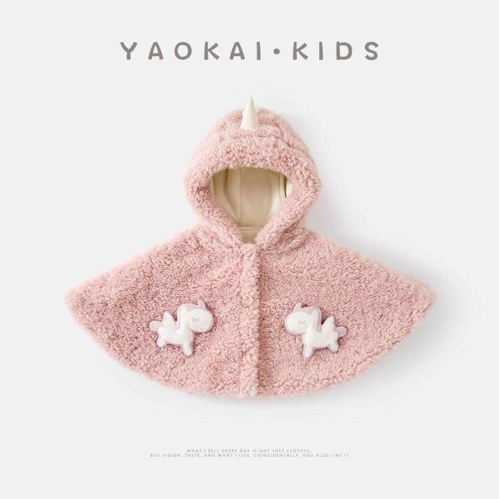 Fleece Lined Thick Furry Cloak for Baby Girls, Versatile Warm Hooded Cartoon Poncho