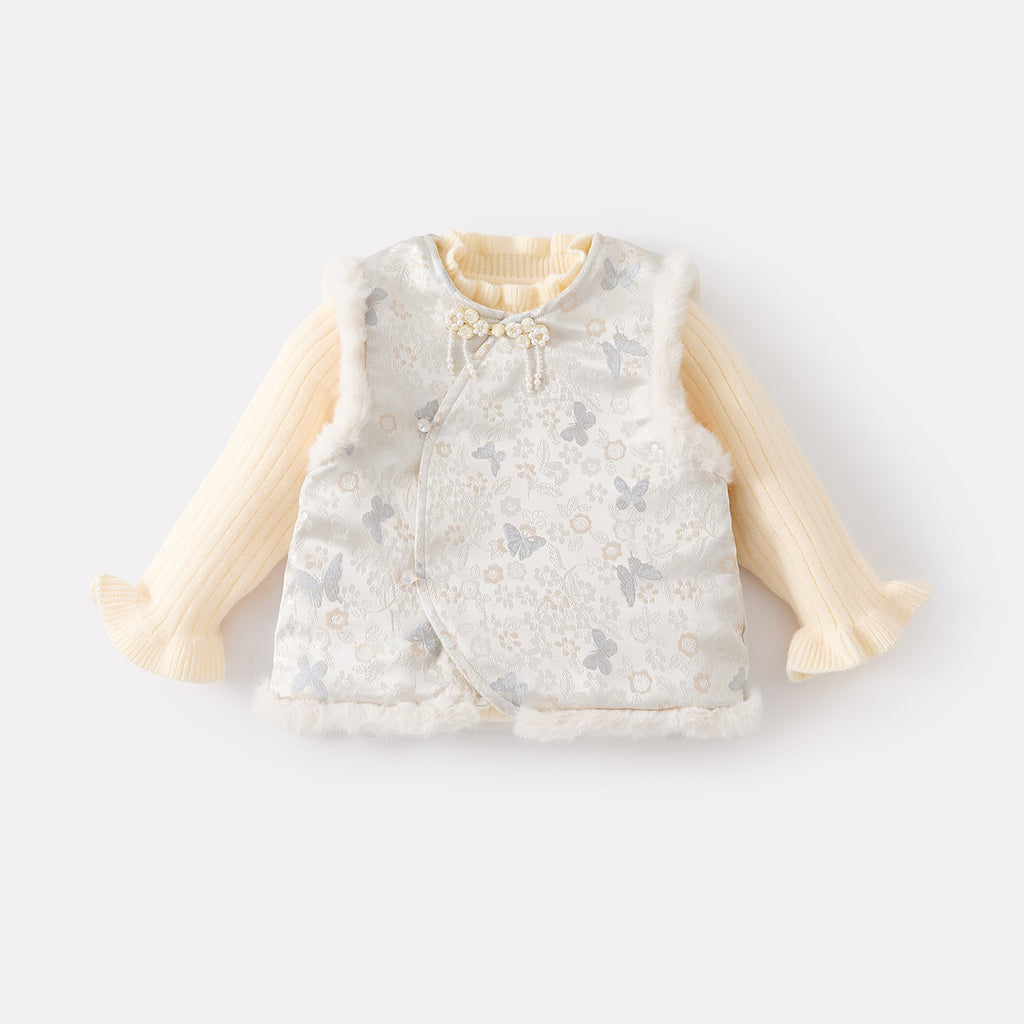 Fleece-Lined Thickened Vest Set for Baby Girls, Three-Piece Separated Traditional Chinese Outfit