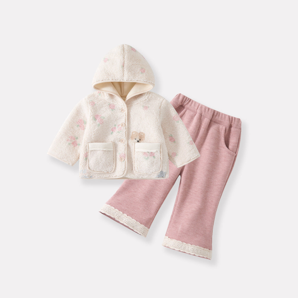 Cute Baby Thermal Hooded Cardigan and Pants Set, Thickened One-Piece Warm Outwear for Girls
