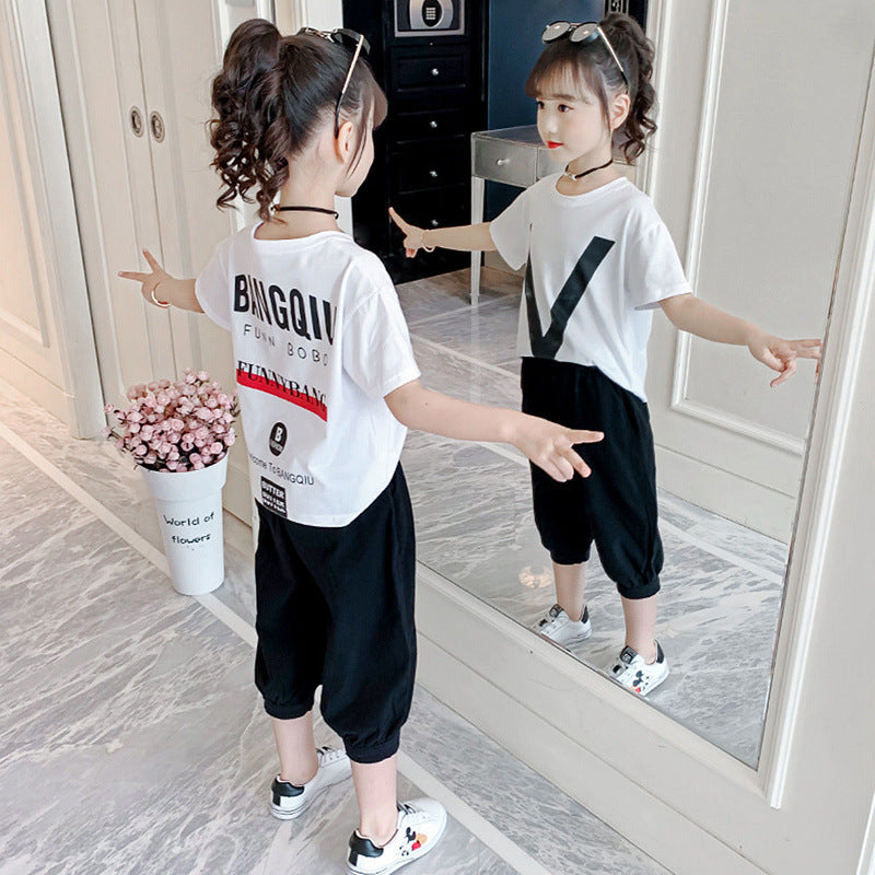 girls' short-sleeve set, casual T-shirt, children's sport two-piece set, medium to large size