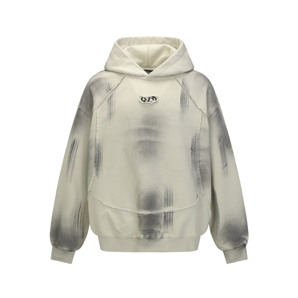 Hairy edge washed and spray dyed hoodie