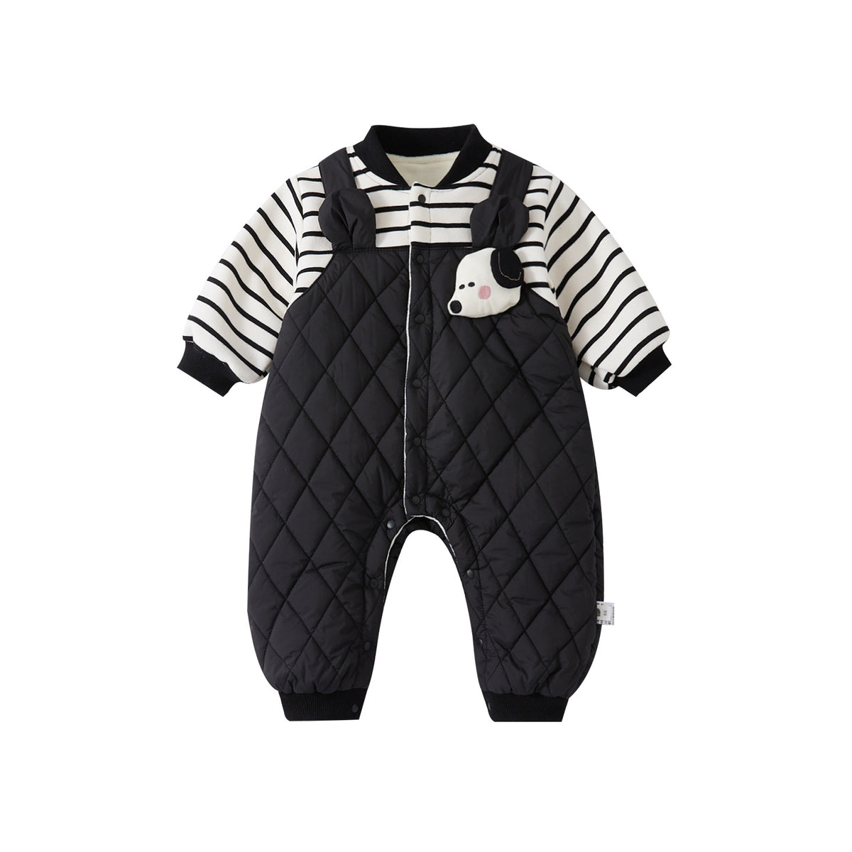Infant Fleece-Lined Thickened Fake Two-Piece Jumpsuit Cartoon Quilted Bib Long Romper