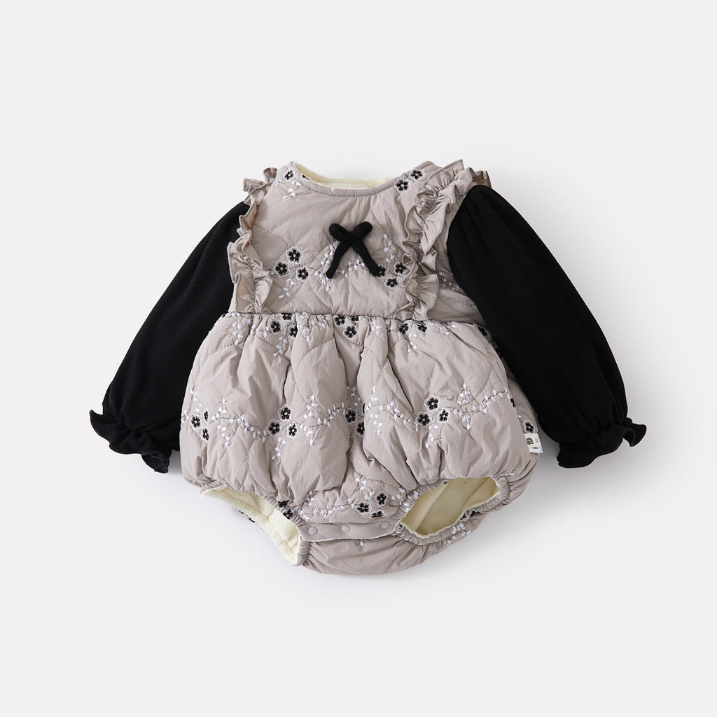 Flower Pseudo-Two-Piece Romper for Girls, Fleece-Lined Thick Warm Bodysuit