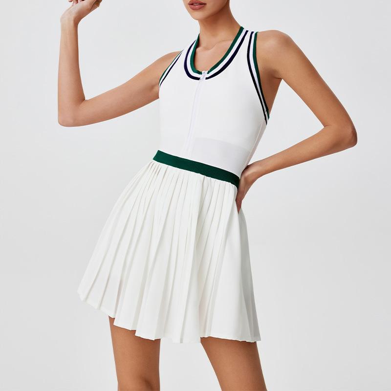 Summer Tennis Dress for Women, Color-blocked Edge Zipper Sleeveless Bodycon Anti-See-through Pleated Sport Dress Fitness Wear