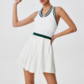 Summer Tennis Dress for Women, Color-blocked Edge Zipper Sleeveless Bodycon Anti-See-through Pleated Sport Dress Fitness Wear