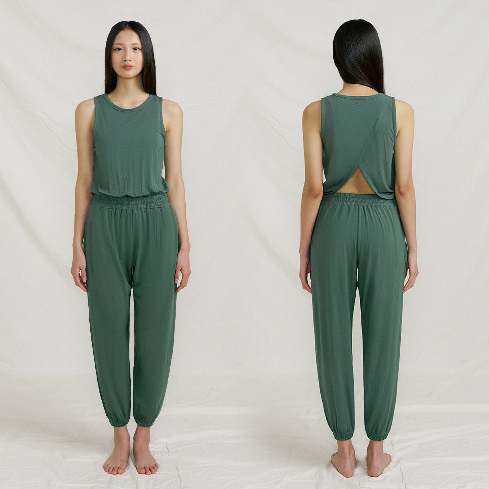 Cotton Moisture-Wicking Yoga Jumpsuit with Back Split, Tank Top and Long Pants, Relaxed Fit One-Piece Activewear Set