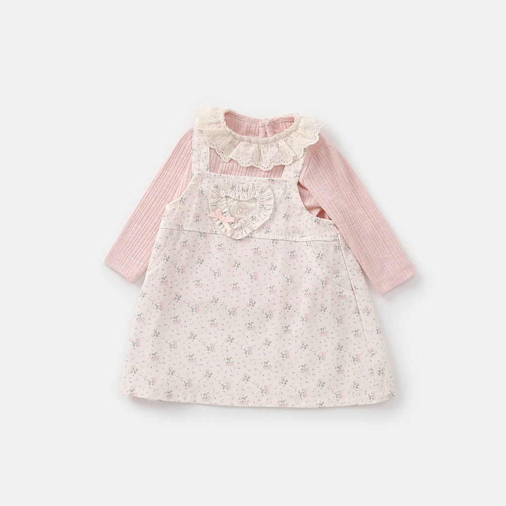 Print Overalls Dress Set for Baby Girls Two-Piece Outfit with Dress and Bodysuit