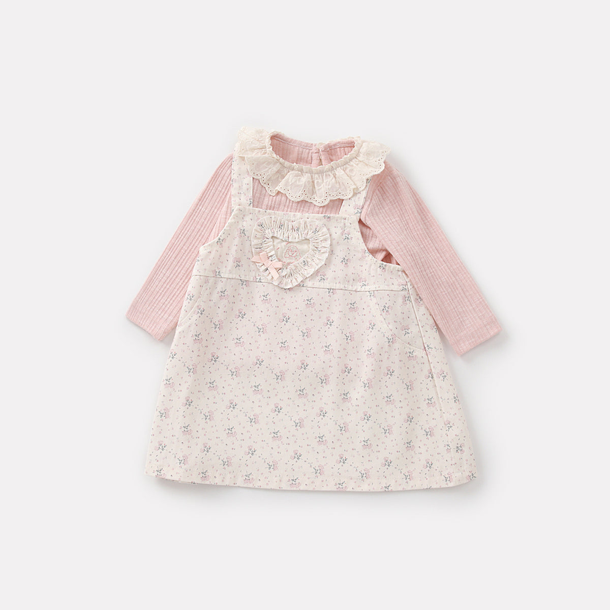 Print Overalls Dress Set for Baby Girls Two-Piece Outfit with Dress and Bodysuit