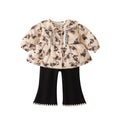 Rose Velvet Outwear Set for Girls, Printed Cardigan and Pants Two-Piece Set, Warm Fleece Lined