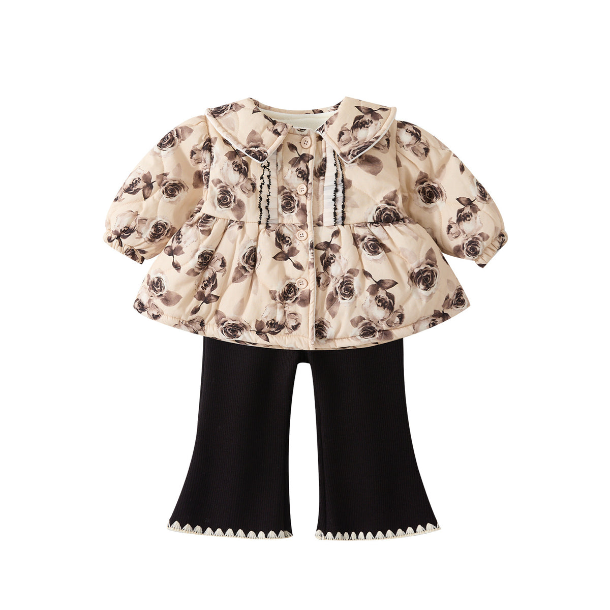 Rose Velvet Outwear Set for Girls, Printed Cardigan and Pants Two-Piece Set, Warm Fleece Lined