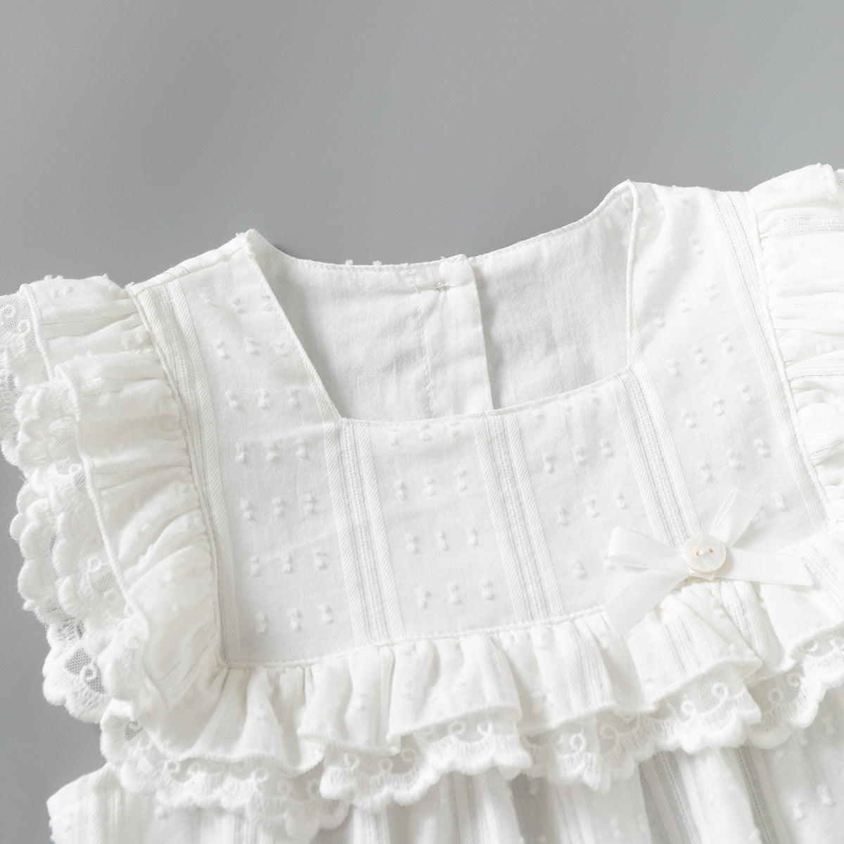 Baby Girl's Sleeveless Romper with Fly Edge, Square Neck, White Sweet One-Piece Clothing
