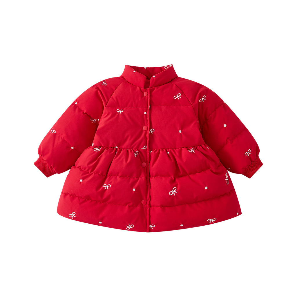 White Duck Down Bow Down Jacket for Girls, Mid-Length Stylish Embroidered Coat