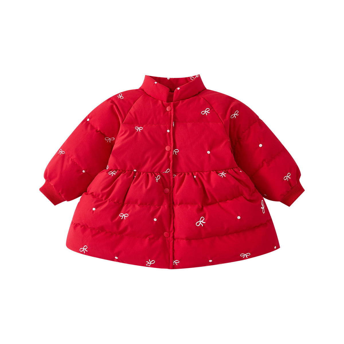 White Duck Down Bow Down Jacket for Girls, Mid-Length Stylish Embroidered Coat