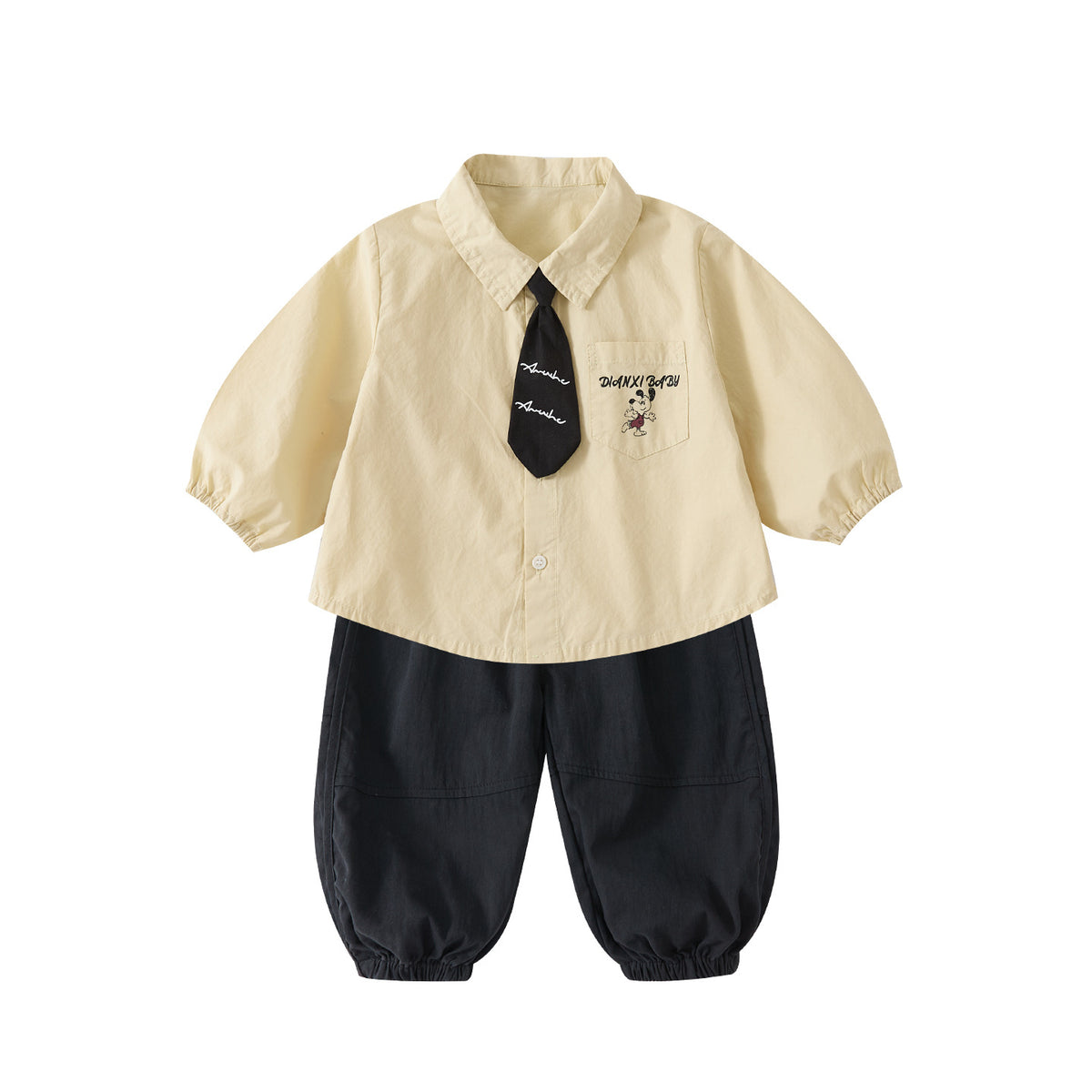 Cartoon Shirt with Tie and Casual Sweatpants Two-Piece Set