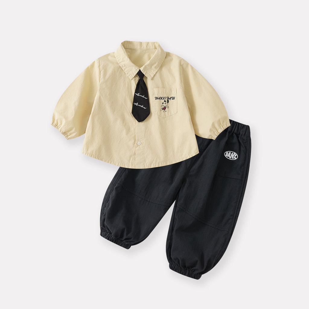 Cartoon Shirt with Tie and Casual Sweatpants Two-Piece Set