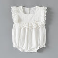 Baby Girl's Sleeveless Romper with Fly Edge, Square Neck, White Sweet One-Piece Clothing