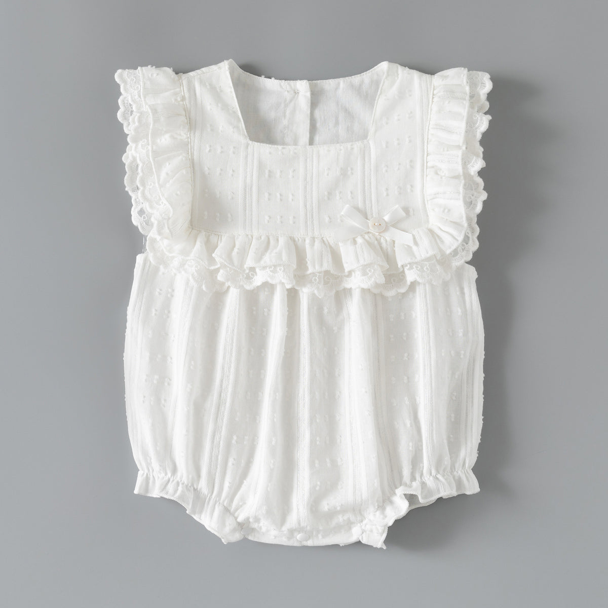 Baby Girl's Sleeveless Romper with Fly Edge, Square Neck, White Sweet One-Piece Clothing
