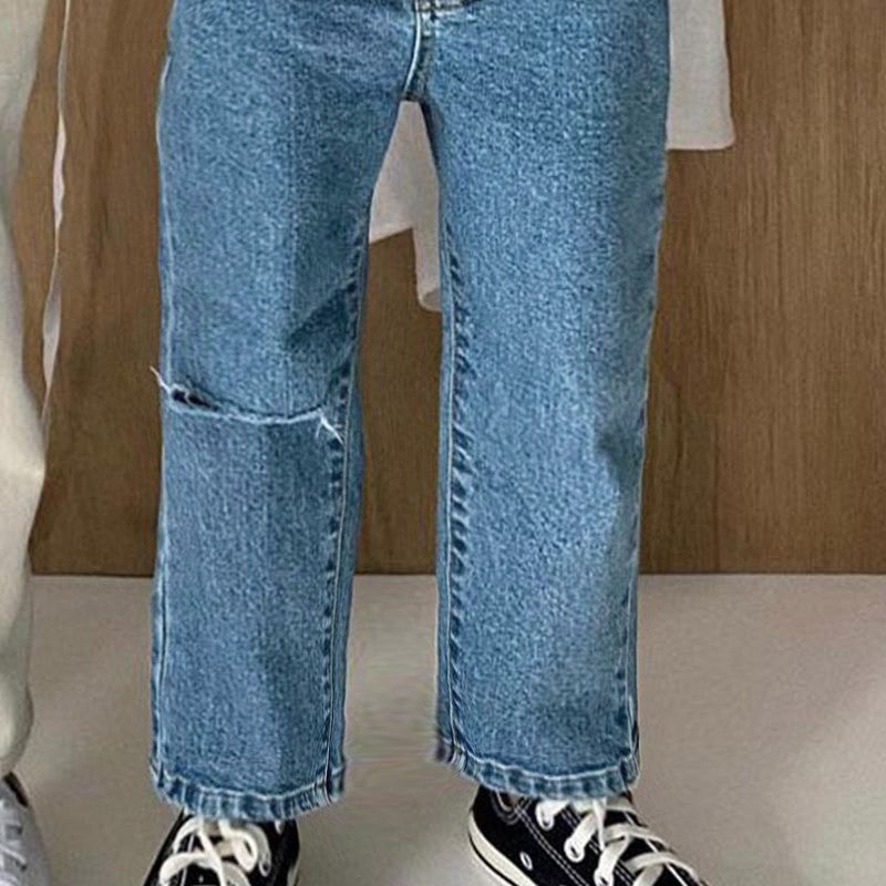 Washed ripped straight leg jeans
