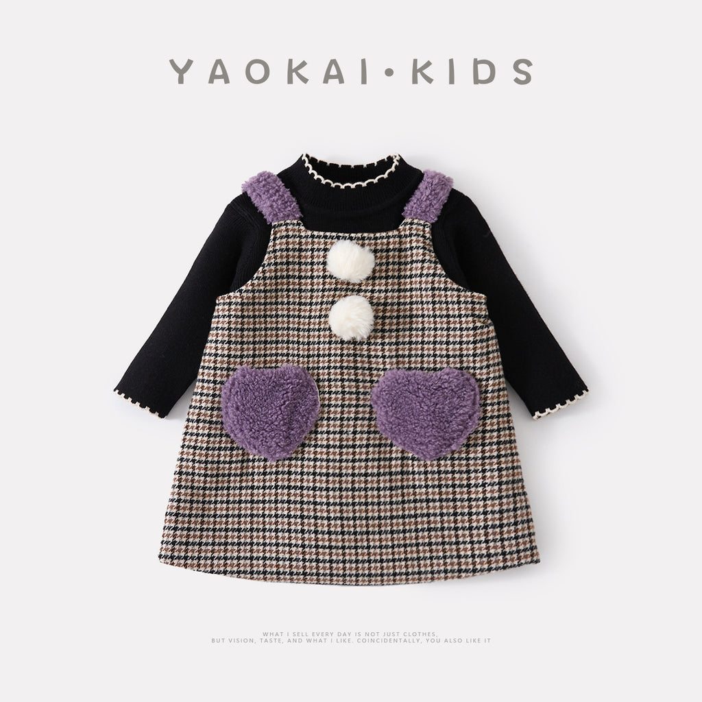 Thickened Heart-shaped Bodysuit Dress Set for Baby Girls, Knit Sweater Two-piece Outfit