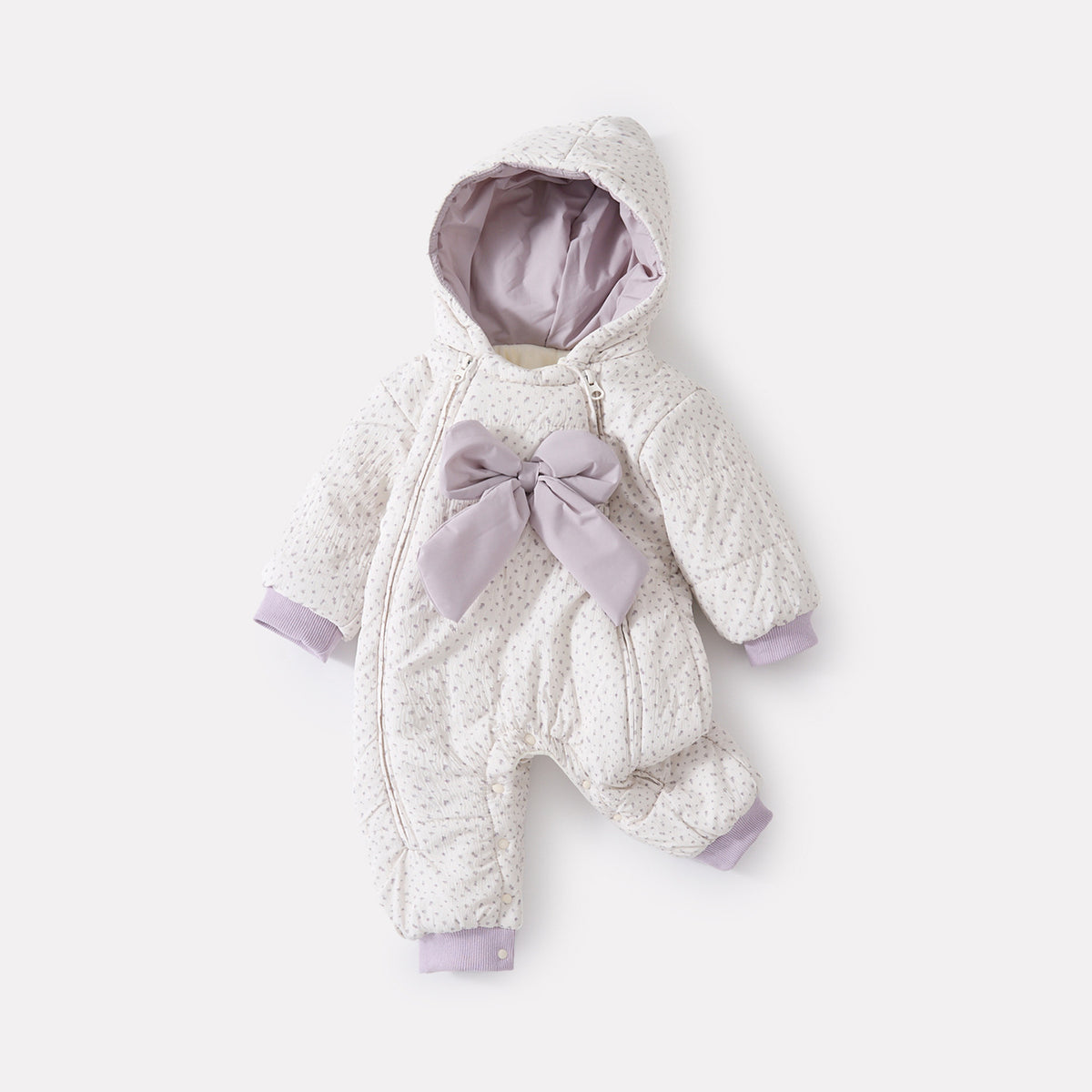 Padded Romper with Bowknot, Floral Print, Thickened Fleece Lined Full Zip Closure