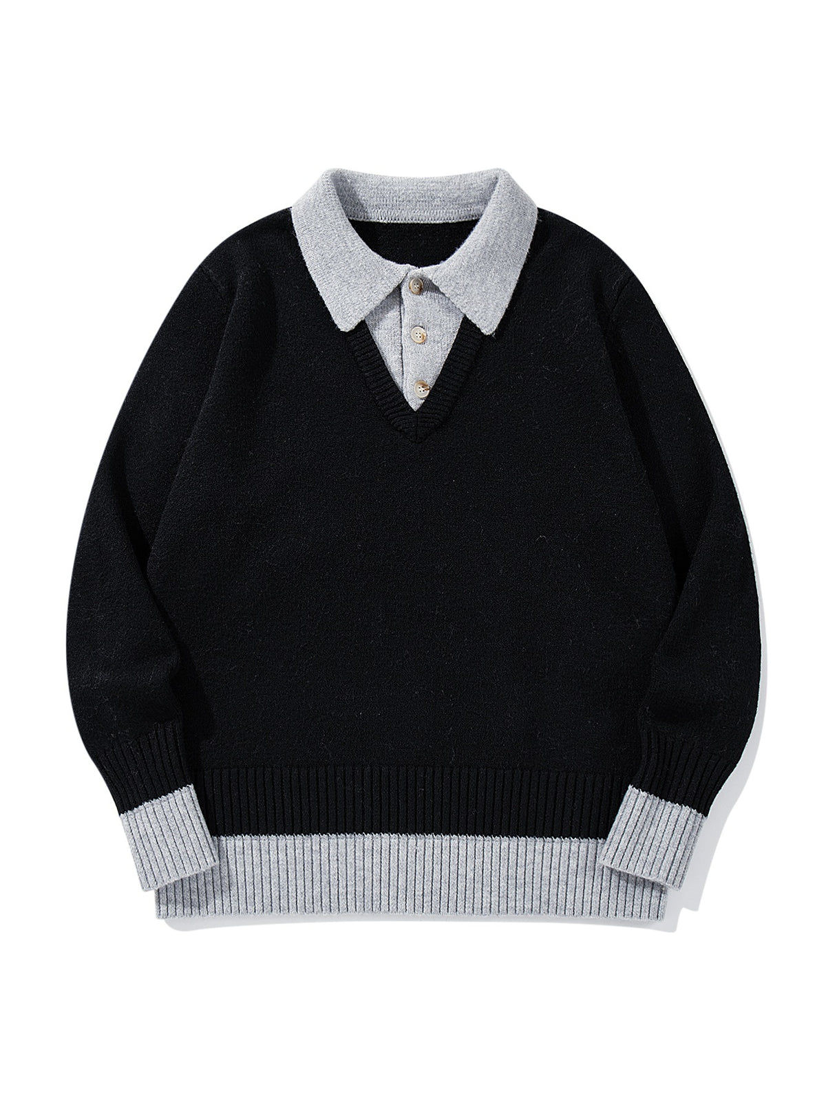 Color-Blocked Mock Two-Piece Knit Sweater with Turn-Down Collar, Unisex Casual Versatile Pullover